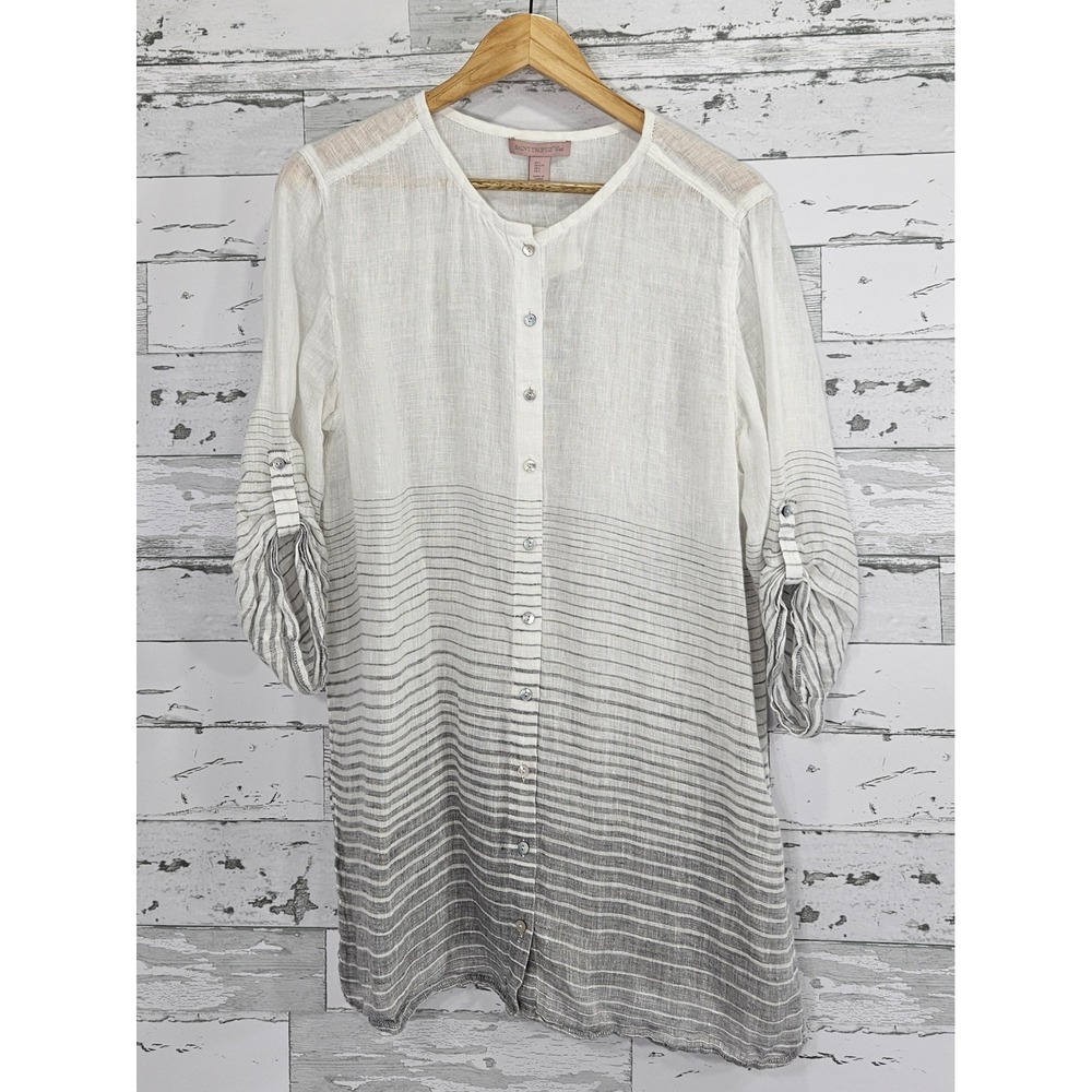 Saint Tropez West Womens Large 100% Linen Button Front Striped Shirt Gray